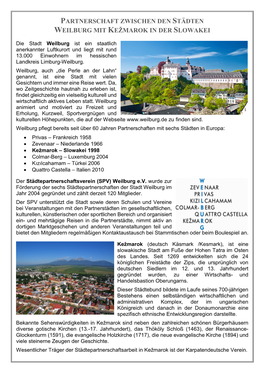 Partnerschaft Zwischen Den Städten Weilburg Mit Kežmarok in Der Slowakei