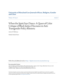 A Queer of Color Critique of Black Justice Discourse in Anti- Transgender Policy Rhetoric Antron D