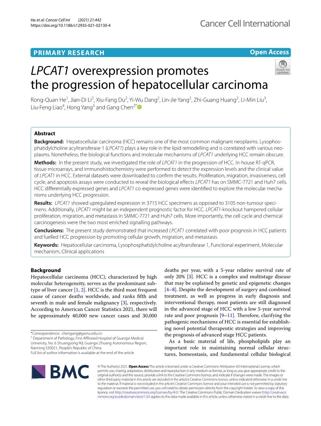 LPCAT1 Overexpression Promotes the Progression of Hepatocellular