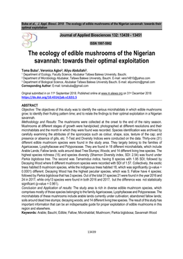 The Ecology of Edible Mushrooms of the Nigerian Savannah: Towards Their Optimal Exploitation Journal of Applied Biosciences 132: 13439 - 13451