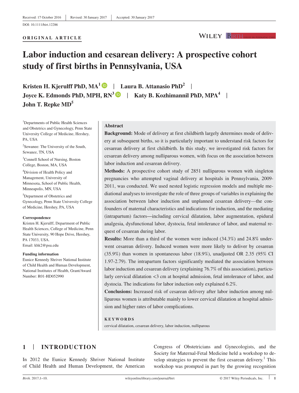 Labor Induction and Cesarean Delivery: a Prospective Cohort Study of First Births in Pennsylvania, USA