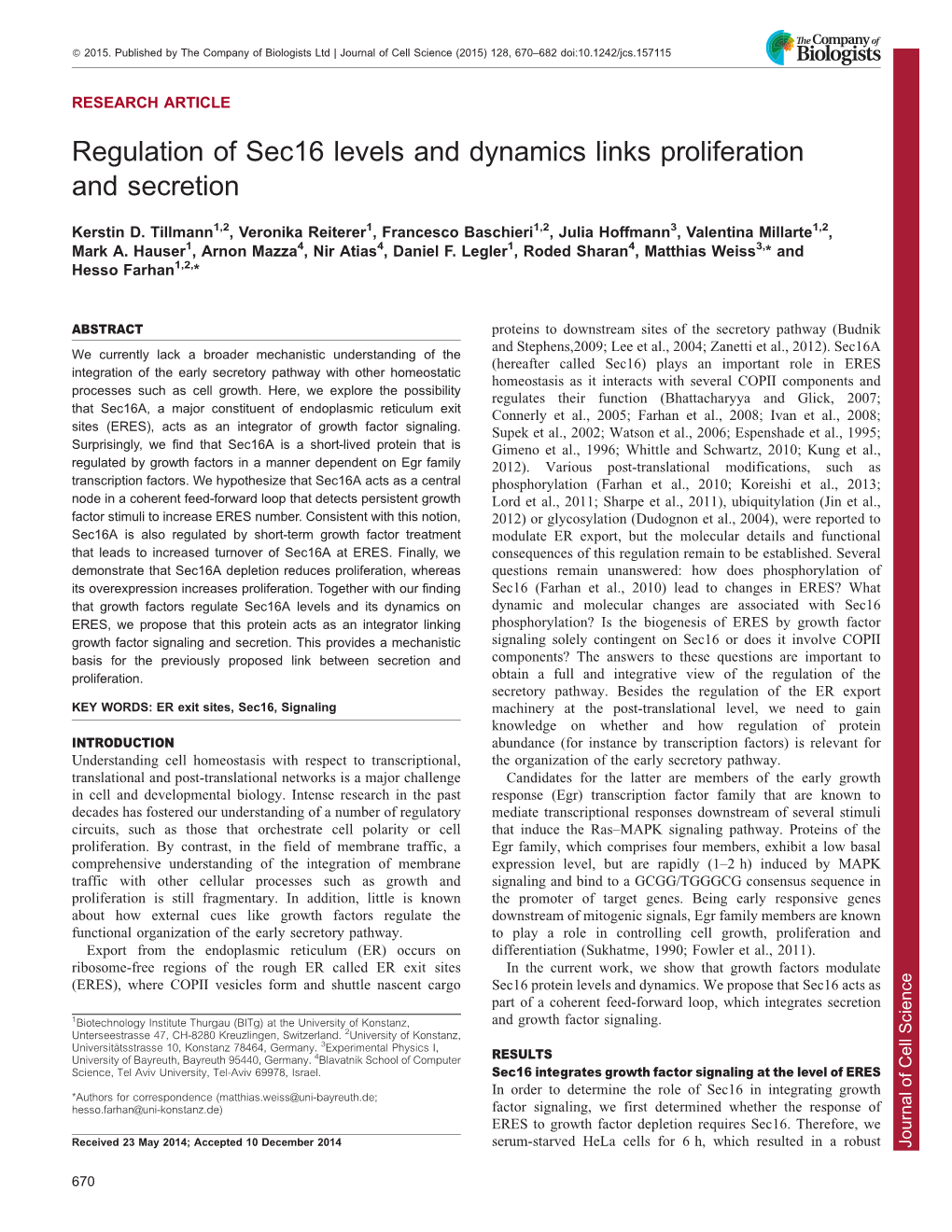 Regulation of Sec16 Levels and Dynamics Links Proliferation And