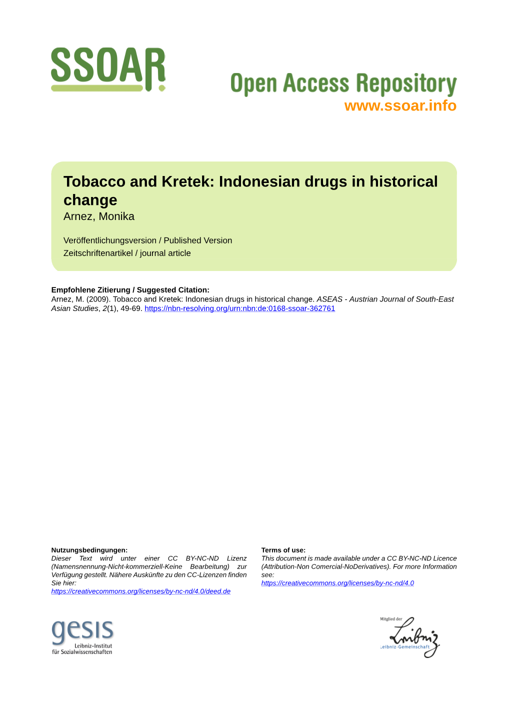 Tobacco and Kretek: Indonesian Drugs in Historical Change Arnez, Monika