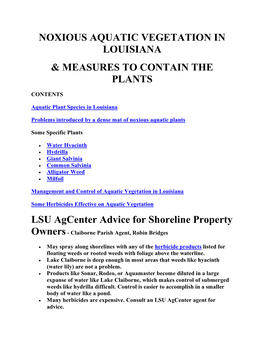 Noxious Aquatic Vegetation in Louisiana & Measures To