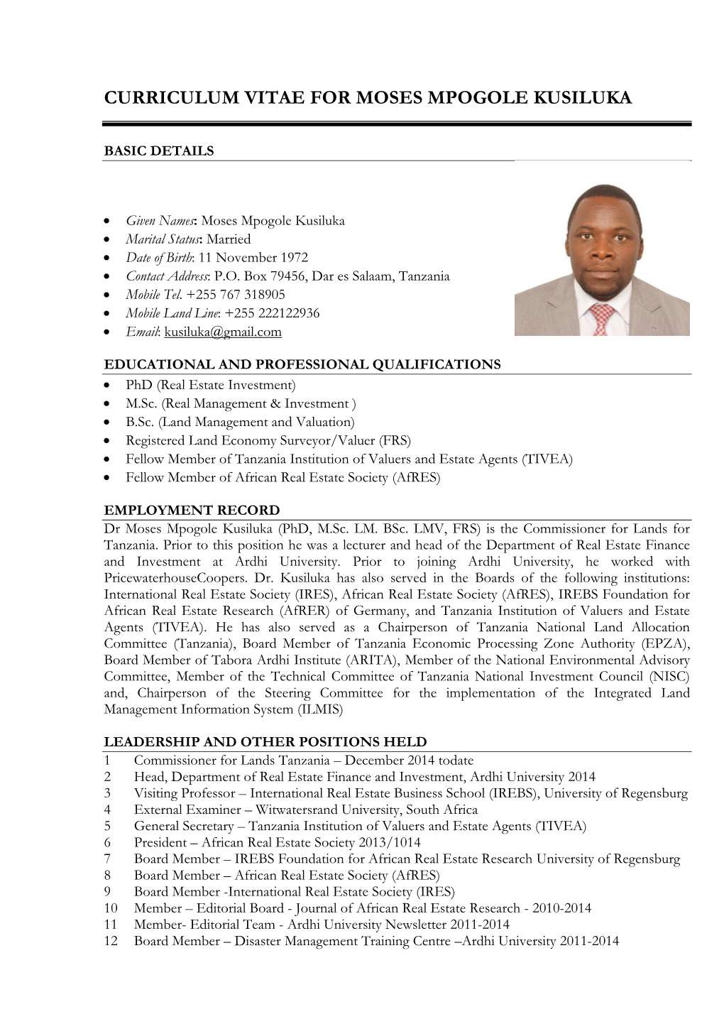 Curriculum Vitae for Moses Mpogole Kusiluka - DocsLib