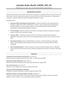 Jennifer Kahn Ruoff, LMSW, MS. Ed 89 Highland Lane, Irvington, New York 10533 • (914) 282-4404 • Jennifer@Ruoff.Us