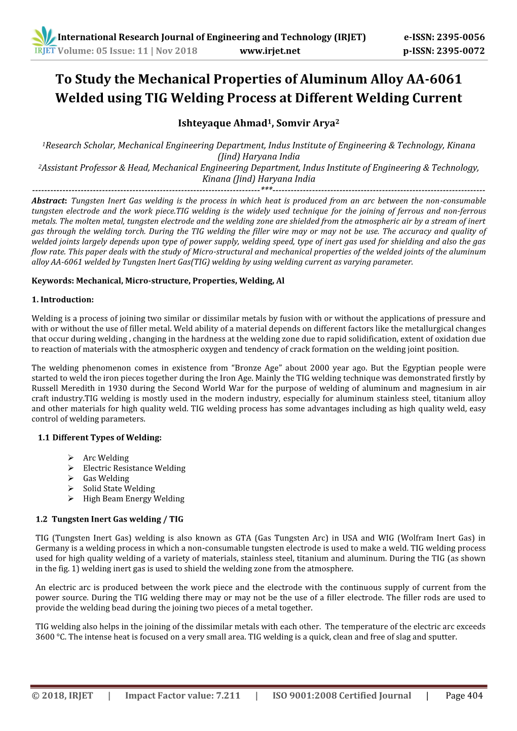 To Study the Mechanical Properties of Aluminum Alloy AA-6061 Welded Using TIG Welding Process at Different Welding Current