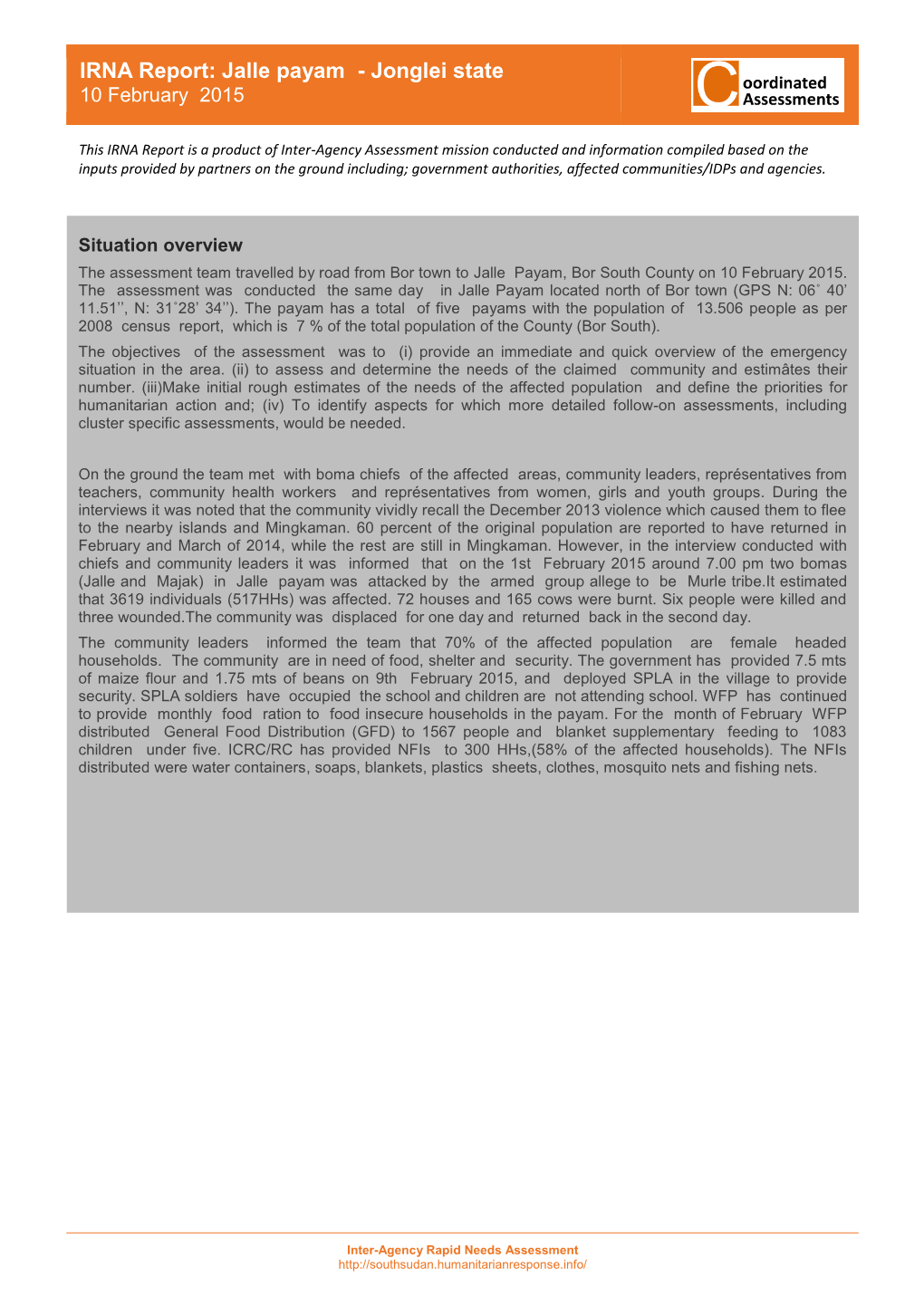 IRNA Report: Jalle Payam - Jonglei State 10 February 2015