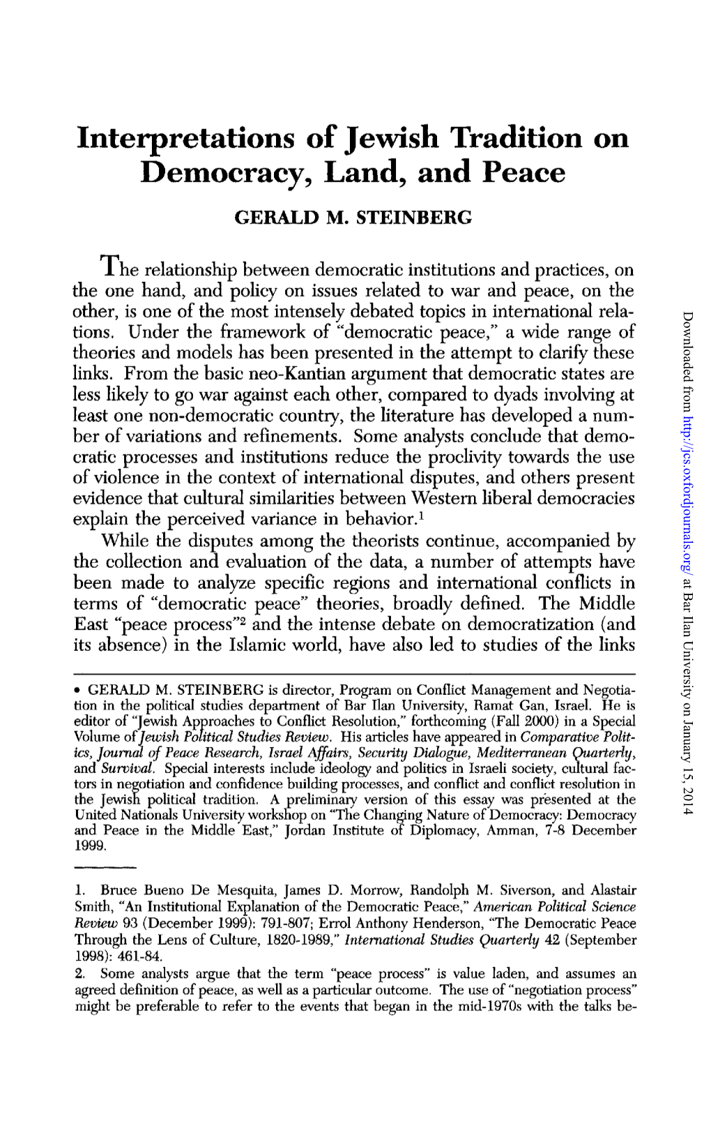 Interpretations of Jewish Tradition on Democracy, Land, and Peace