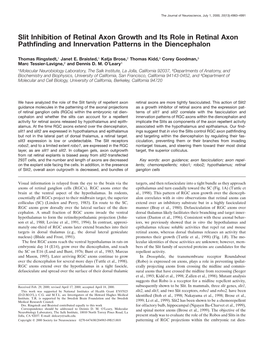 Slit Inhibition of Retinal Axon Growth and Its Role in Retinal Axon Pathﬁnding and Innervation Patterns in the Diencephalon