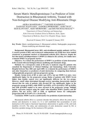 Serum Matrix Metalloproteinase-3 As Predictor of Joint Destruction in Rheumatoid Arthritis, Treated with Non-Biological Disease Modifying Anti-Rheumatic Drugs