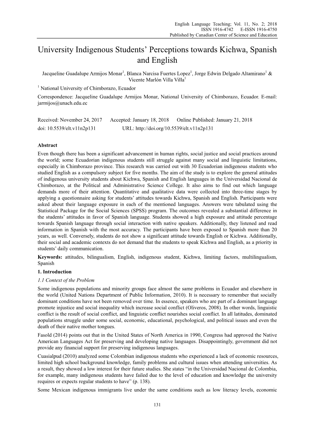 University Indigenous Students' Perceptions Towards Kichwa, Spanish and English