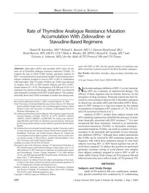 Rate of Thymidine Analogue Resistance Mutation Accumulation with Zidovudine- Or Stavudine-Based Regimens