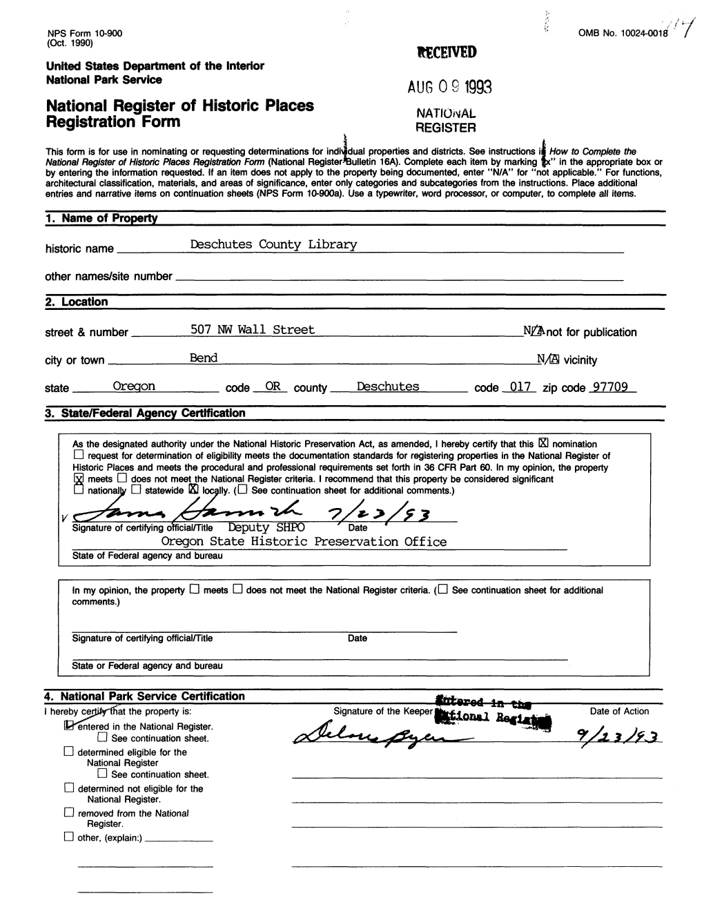 National Register of Historic Places Registration Form AUG 0 9 1993