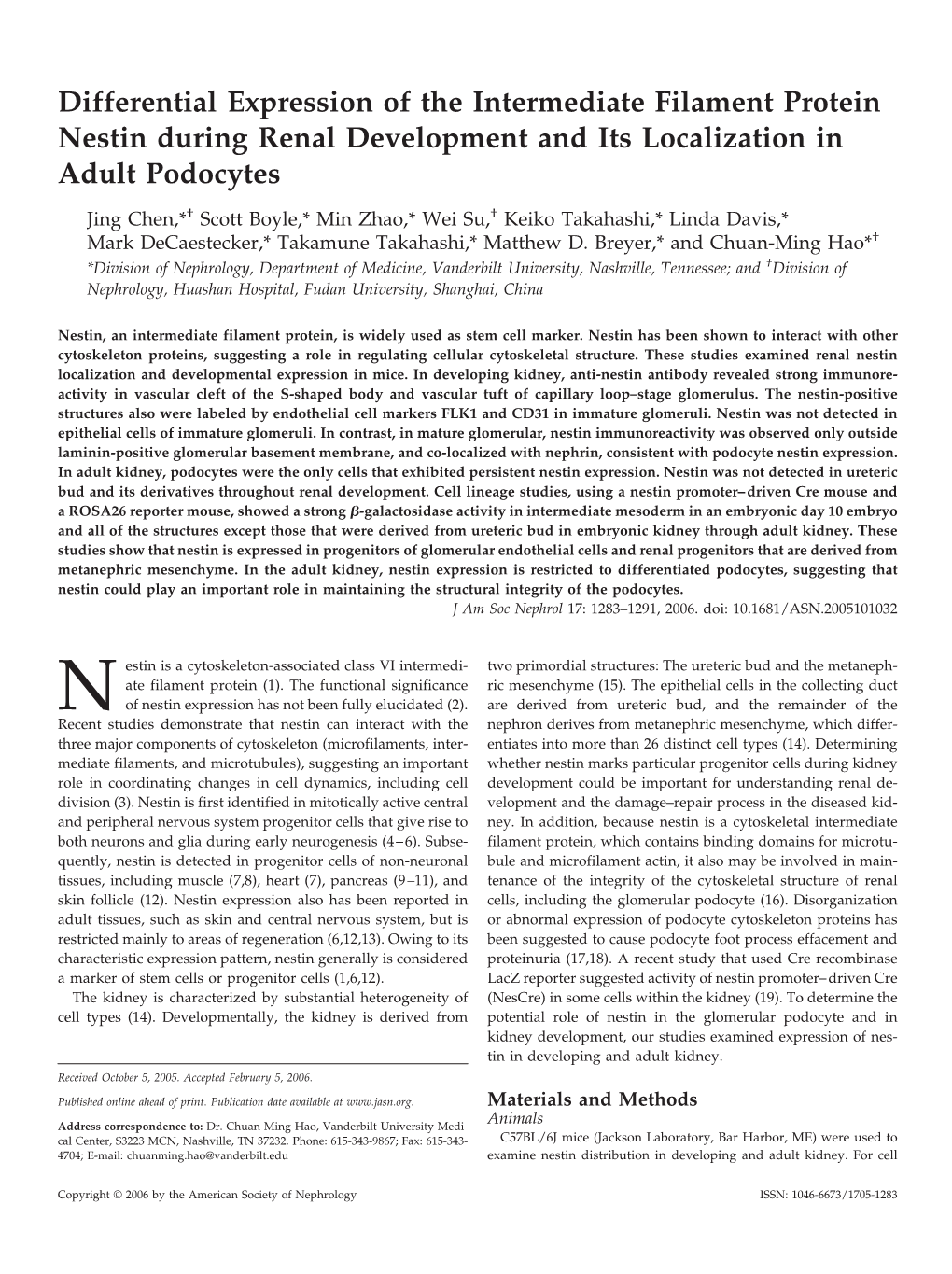 Differential Expression of the Intermediate Filament Protein Nestin During Renal Development and Its Localization in Adult Podocytes