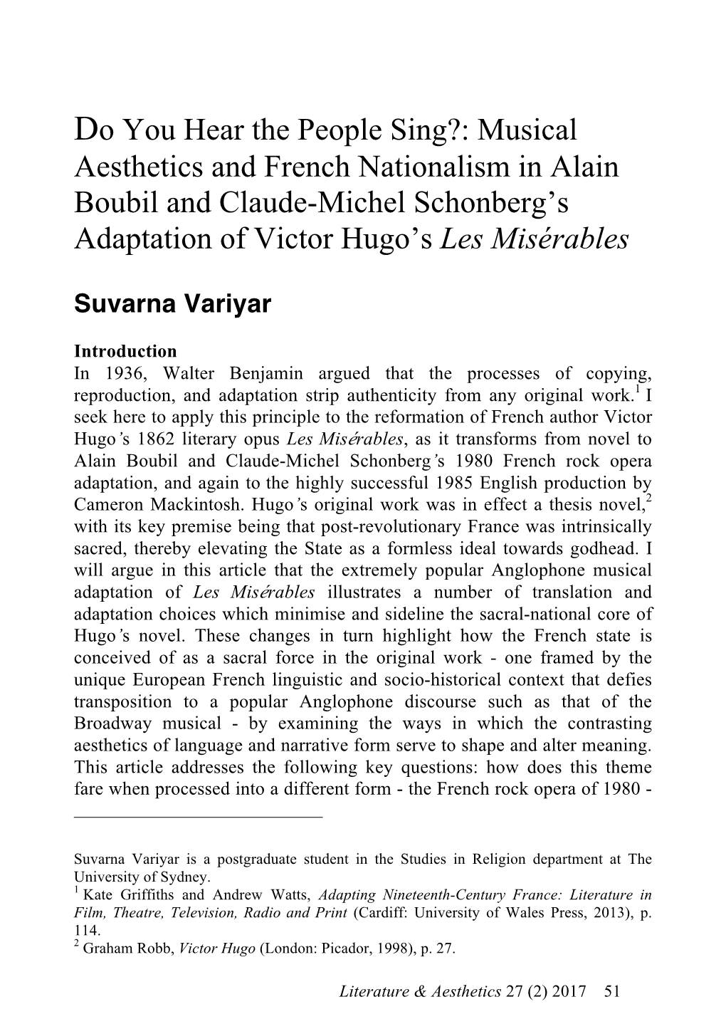 Do You Hear the People Sing?: Musical Aesthetics and French Nationalism in Alain Boubil and Claude-Michel Schonberg’S Adaptation of Victor Hugo’S Les Misérables