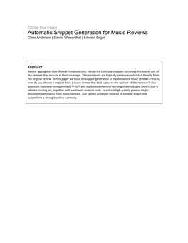 Automatic Snippet Generation for Music Reviews Chris Anderson | Daniel Wiesenthal | Edward Segel