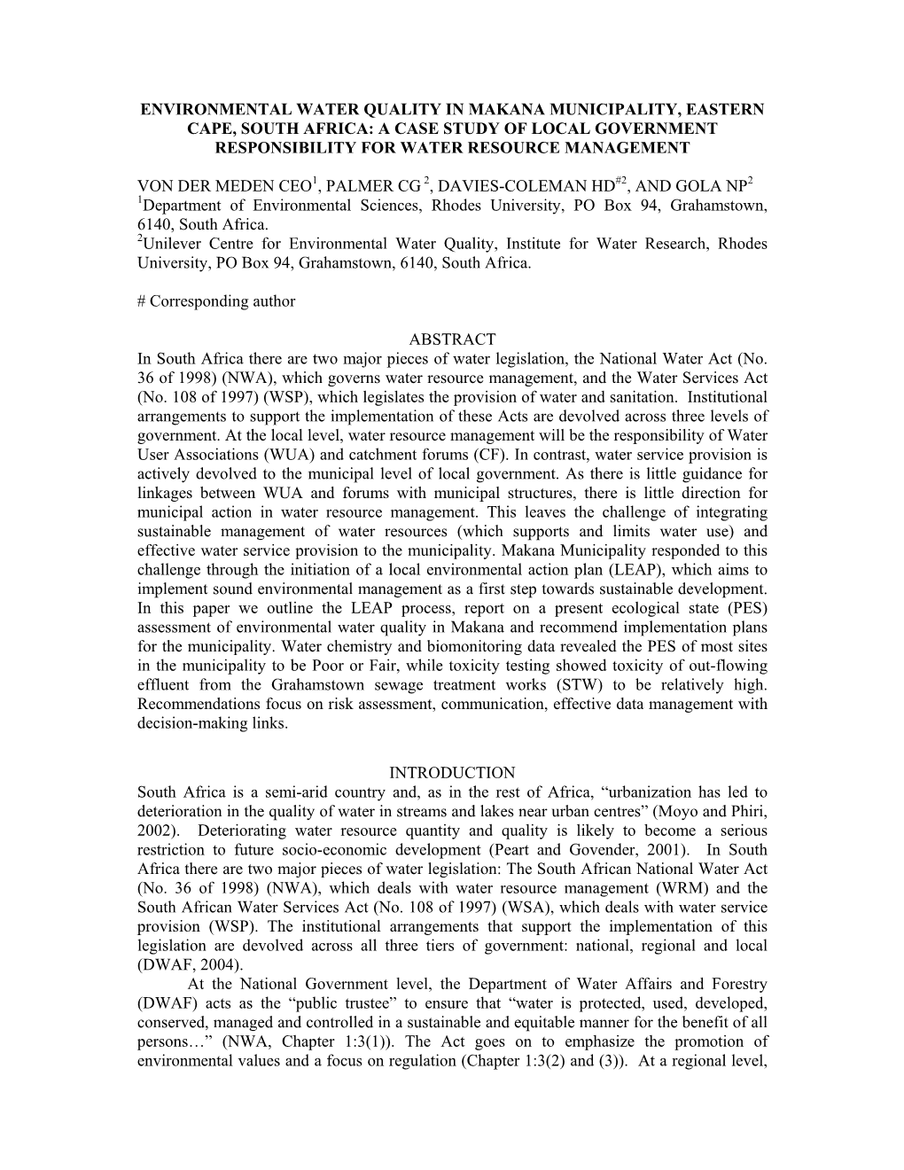 Environmental Water Quality in Makana Municipality, Eastern Cape, South Africa: a Case Study of Local Government Responsibility for Water Resource Management