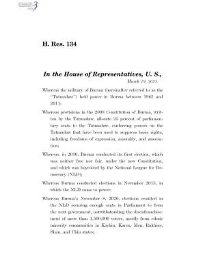 H. Res. 134 in the House of Representatives, U