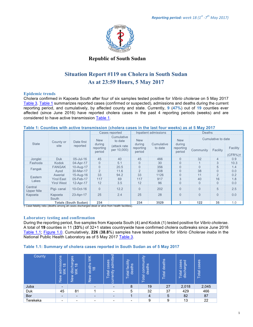 Situation Report #119 on Cholera in South Sudan As at 23:59 Hours, 5 May 2017