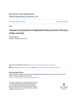 Property As Government in Eighteenth-Century America: the Case of New York City