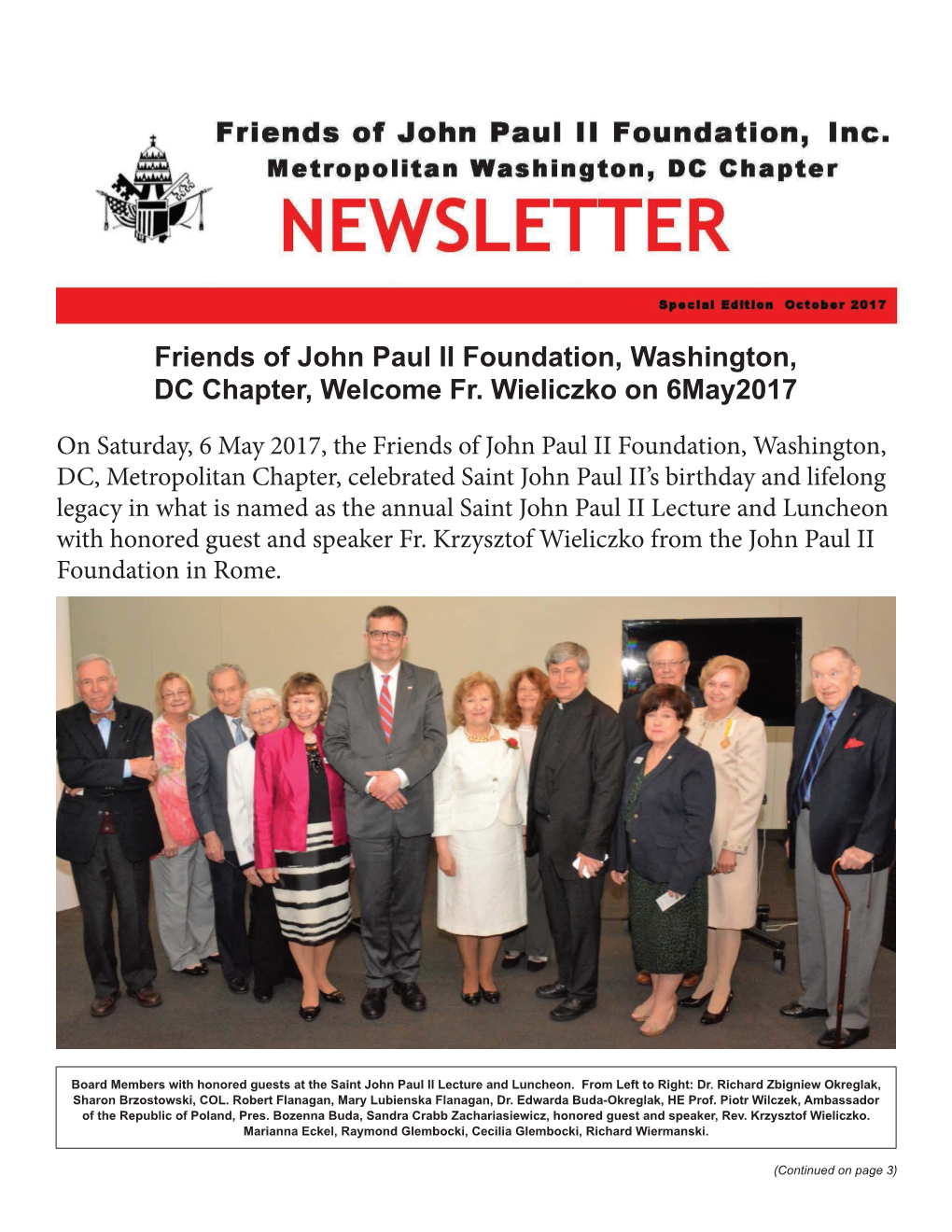 Friends of John Paul II Foundation, Washington, DC Chapter, Welcome Fr. Wieliczko on 6May2017