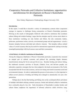Cooperative Networks and Collective Institutions: Opportunities and Dilemmas for Development on Russia’S Kamchatka Peninsula