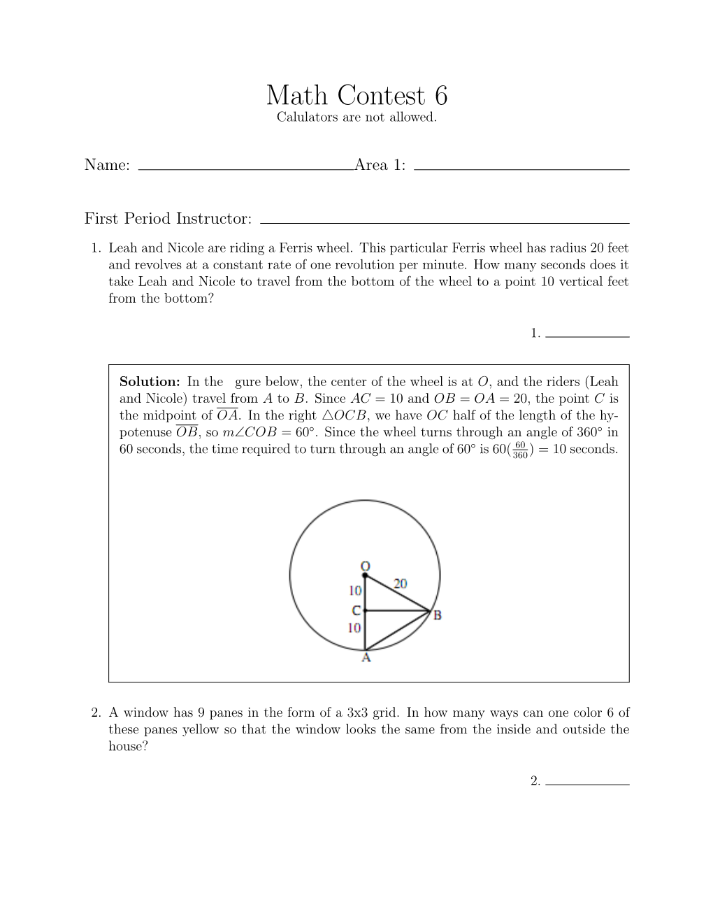 Math Contest 6 Calulators Are Not Allowed