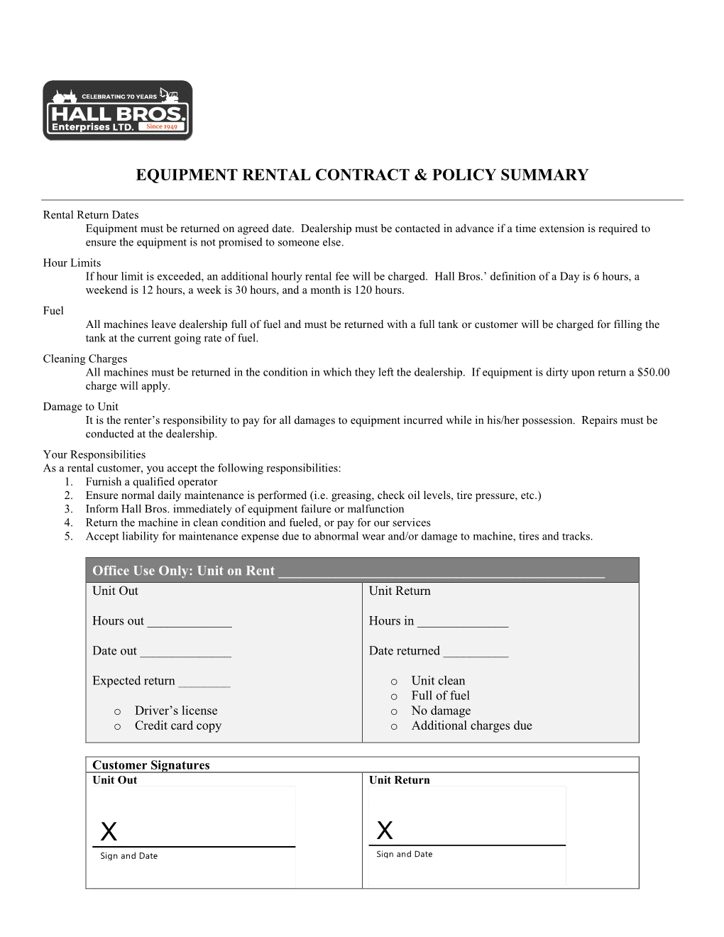 Equipment Rental Contract & Policy Summary