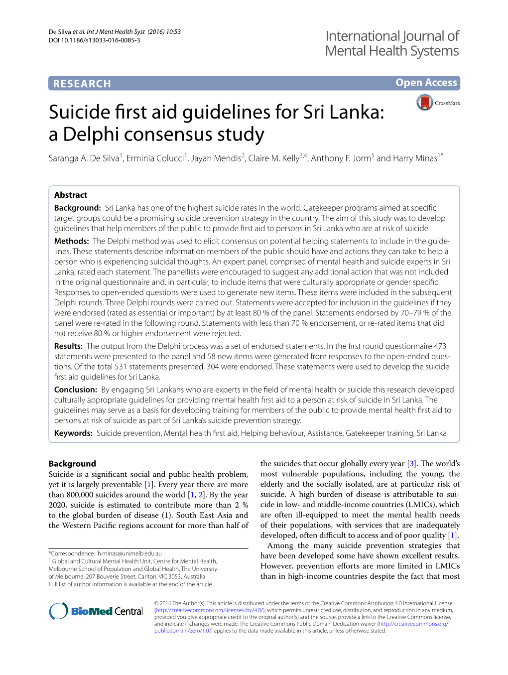 Suicide First Aid Guidelines for Sri Lanka: a Delphi Consensus Study Saranga A