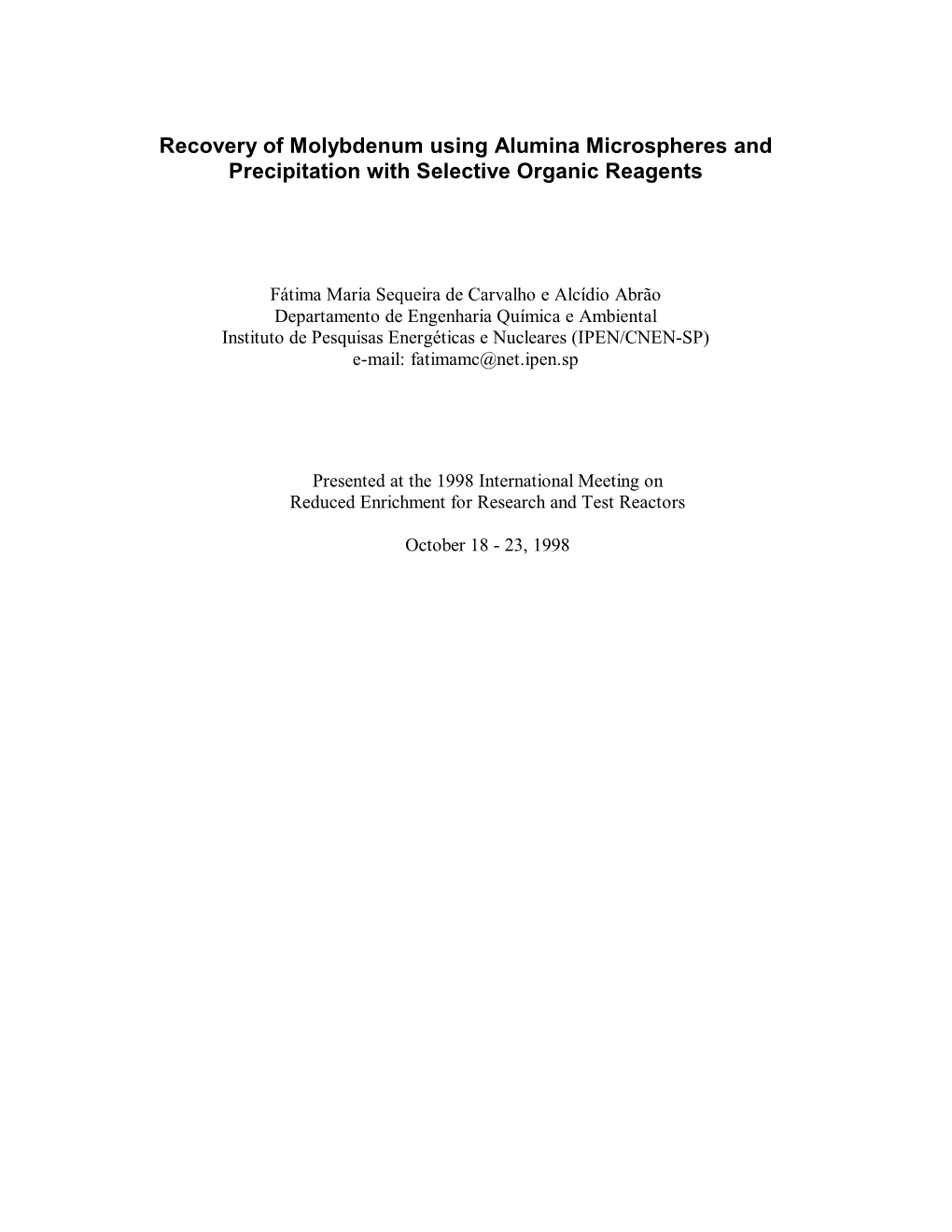 Recovery of Molybdenum Using Alumina Microspheres and Precipitation with Selective Organic Reagents