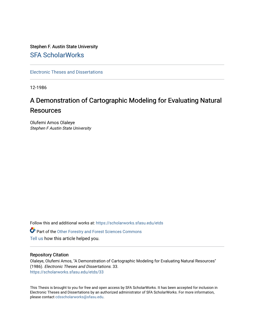 A Demonstration of Cartographic Modeling for Evaluating Natural Resources