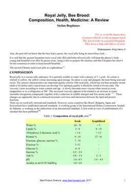 Royal Jelly, Bee Brood: Composition, Health, Medicine: a Review Stefan Bogdanov