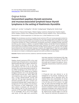 Original Article Concomitant Papillary Thyroid Carcinoma and Mucosa-Associated Lymphoid Tissue Thyroid Lymphoma in the Setting of Hashimoto Thyroiditis