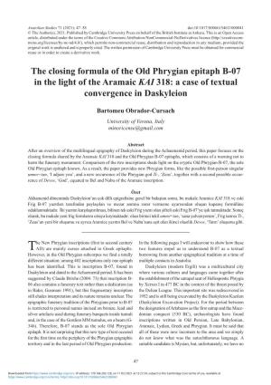 The Closing Formula of the Old Phrygian Epitaph B-07 in the Light of the Aramaic KAI 318: a Case of Textual Convergence in Daskyleion