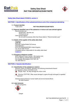 Safety Data Sheet RAT PAK BRODIFACOUM PASTE
