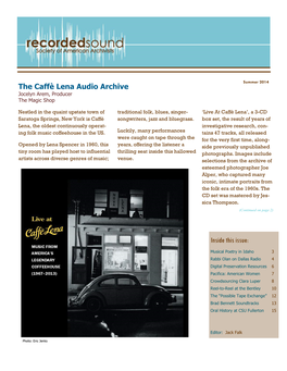 The Caffè Lena Audio Archive Inside This Issue