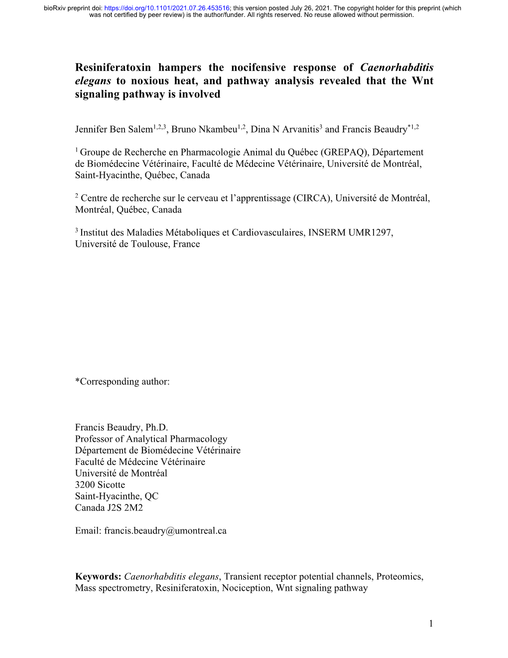 Resiniferatoxin Hampers the Nocifensive Response of Caenorhabditis Elegans to Noxious Heat, and Pathway Analysis Revealed That the Wnt Signaling Pathway Is Involved