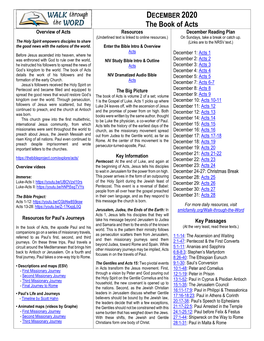 The Book of Acts Overview of Acts Resources December Reading Plan (Underlined Text Is Linked to Online Resources.) on Sundays, Take a Break Or Catch Up
