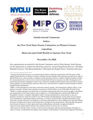 Jointly-Issued Comments Before the New York State Senate Committee on Women’S Issues Regarding Maternal and Child Health in Upstate New York