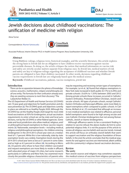 Jewish Decisions About Childhood Vaccinations: the Unification of Medicine with Religion