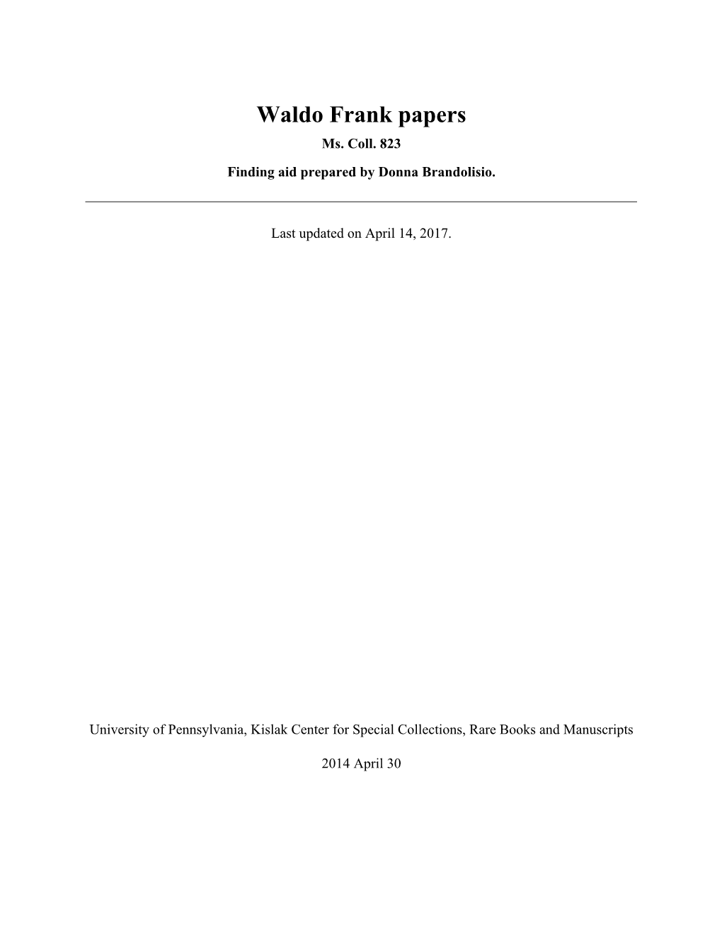 Waldo Frank Papers Ms