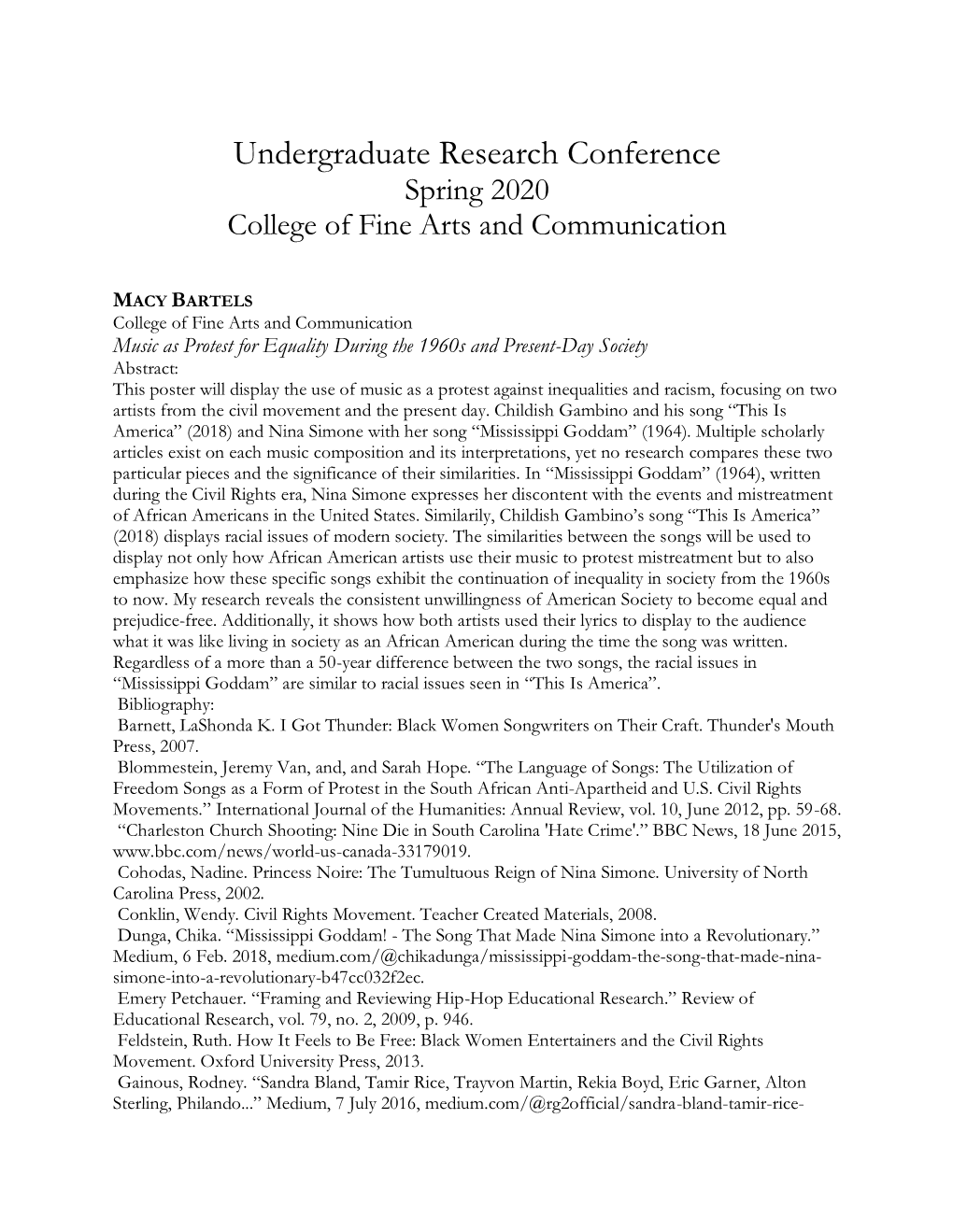 Undergraduate Research Conference Spring 2020 College of Fine Arts and Communication