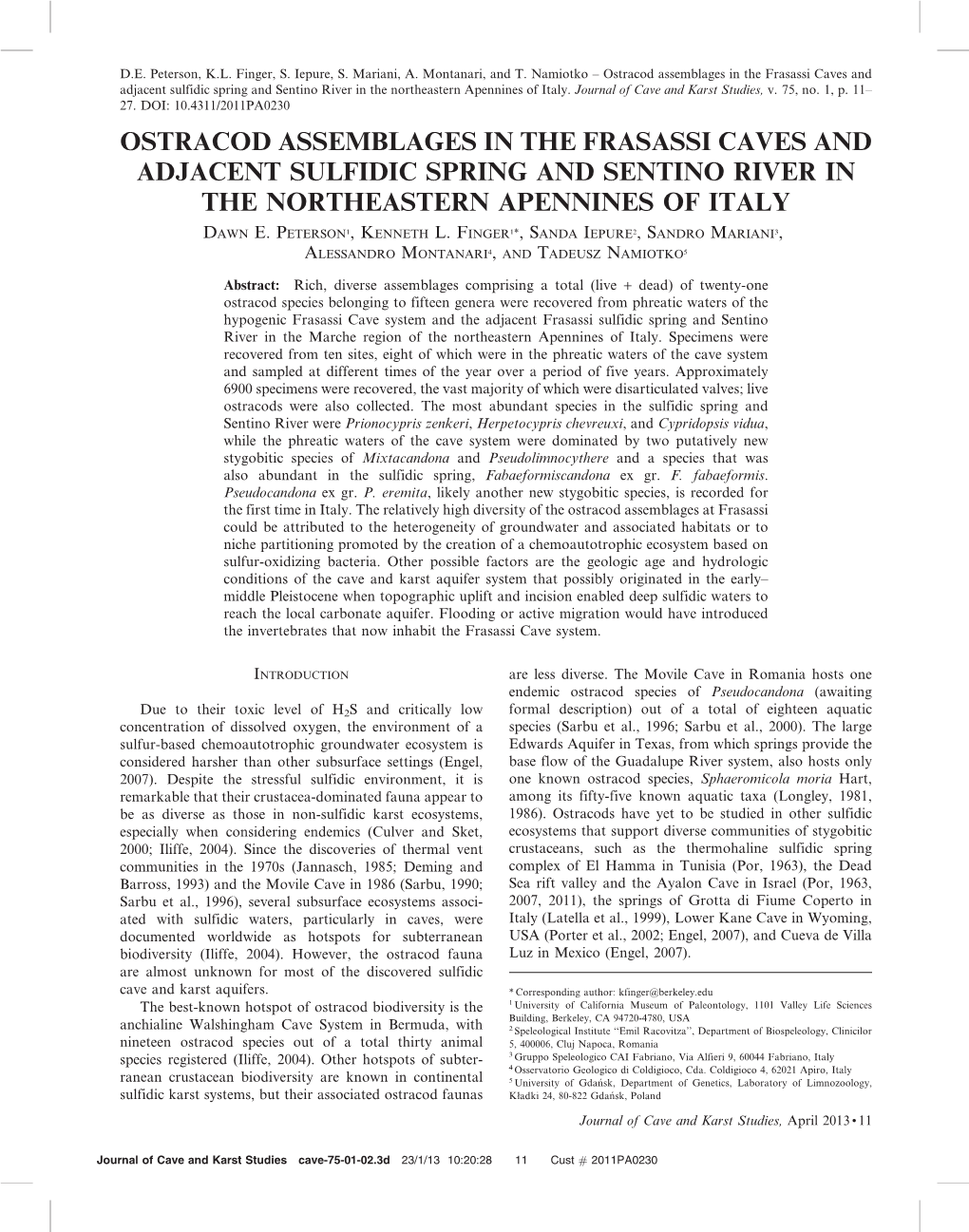 Ostracod Assemblages in the Frasassi Caves and Adjacent Sulfidic Spring and Sentino River in the Northeastern Apennines of Italy