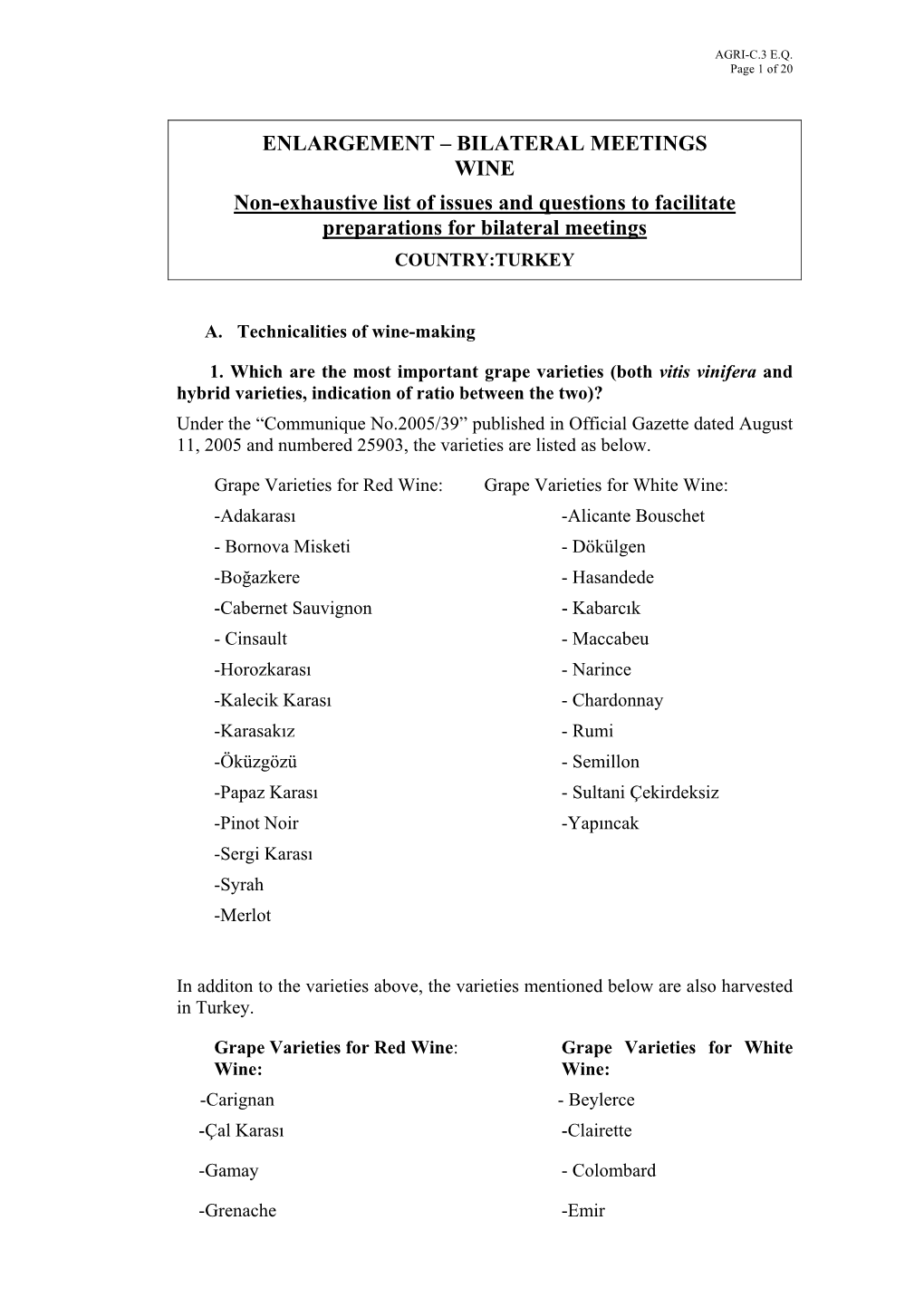 ENLARGEMENT – BILATERAL MEETINGS WINE Non-Exhaustive List of Issues and Questions to Facilitate Preparations for Bilateral Meetings COUNTRY:TURKEY