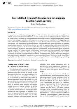 Post-Method Era and Glocalization in Language Teaching and Learning Jesica Dwi Lusianov