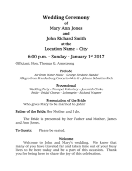 Wedding Ceremony of Mary Ann Jones and John Richard Smith at the Location Name – City