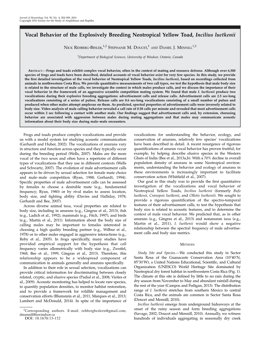 Vocal Behavior of the Explosively Breeding Neotropical Yellow Toad, Incilius Luetkenii