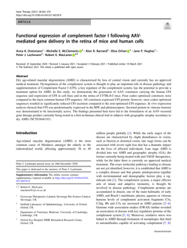 Functional Expression of Complement Factor I Following AAV-Mediated Gene Delivery in the Retina of Mice