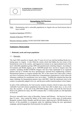 Humanitarian Aid to Vulnerable Populations in Angola Who Are Food Insecure Due to Heavy Rainfall